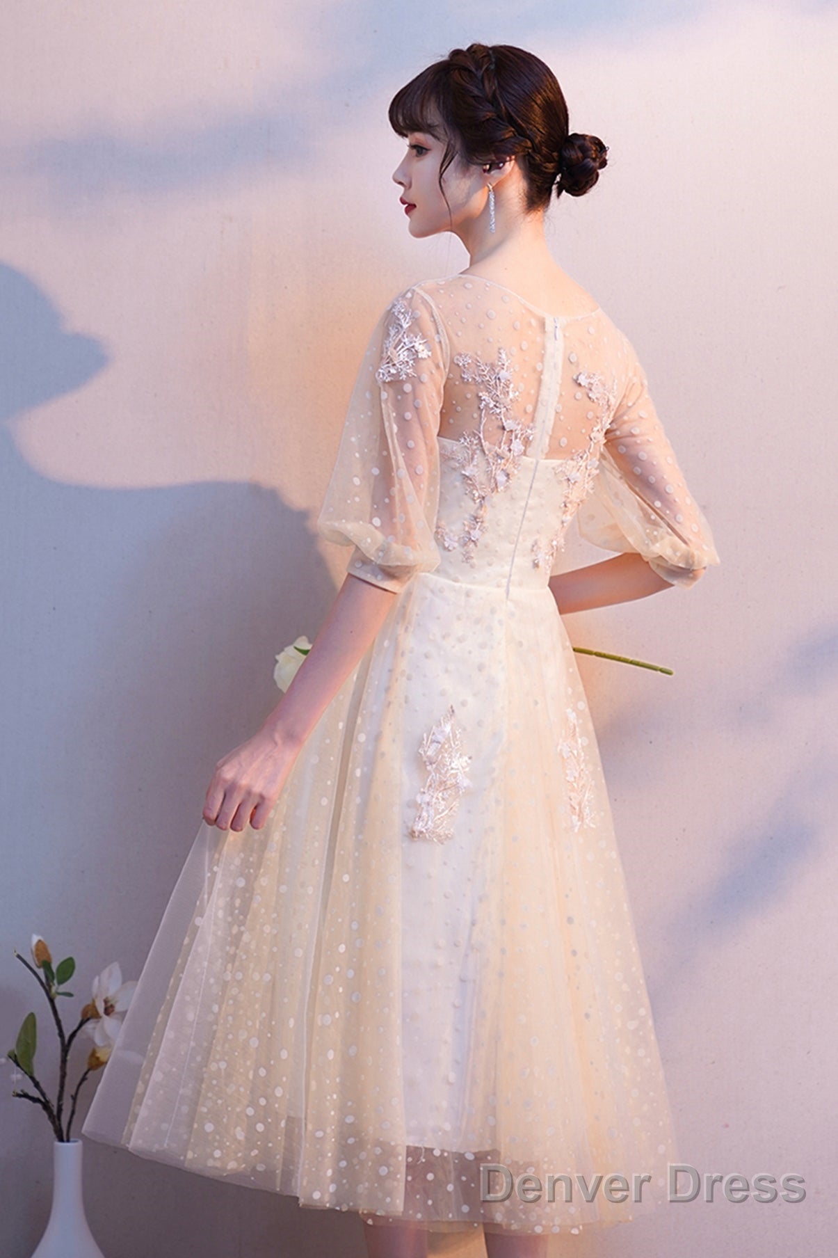 Champagne Tulle Lace Short A Line Homecoming Dress Secondary image