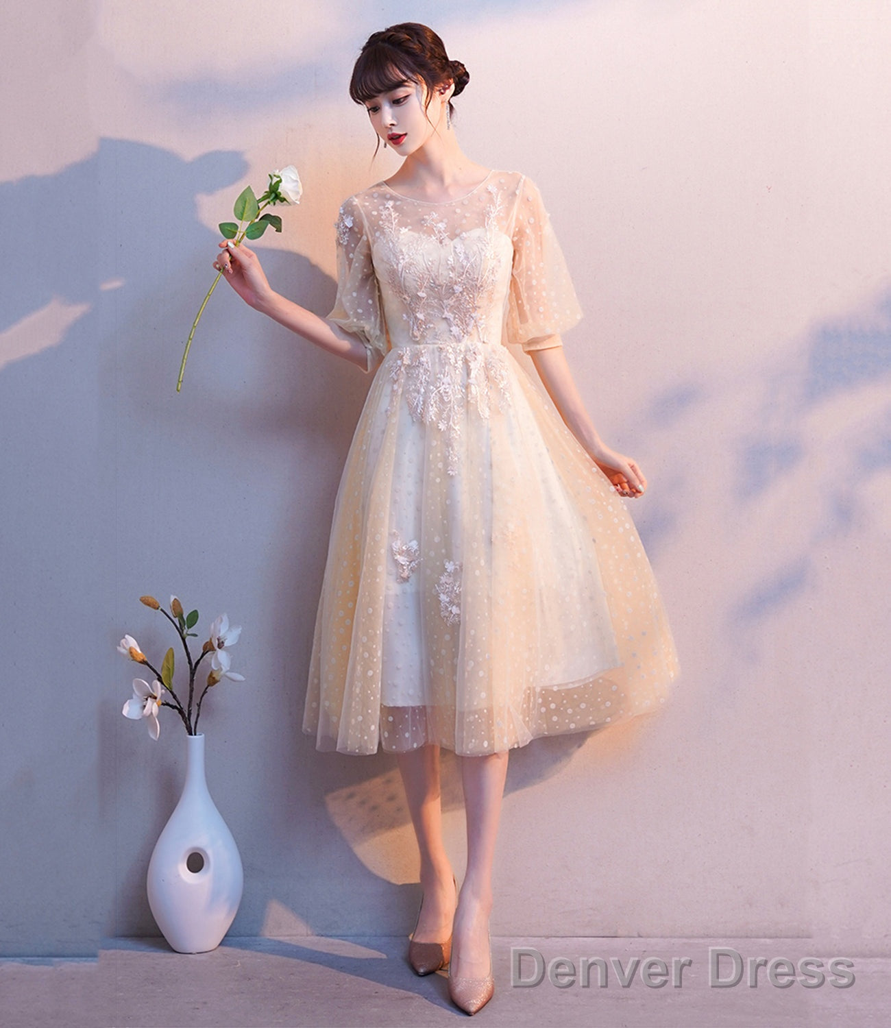 Champagne Tulle Lace Short A Line Homecoming Dresses Main image