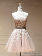 Champagne Tulle Lace Short Prom Dress Champagne Homecoming Dresses