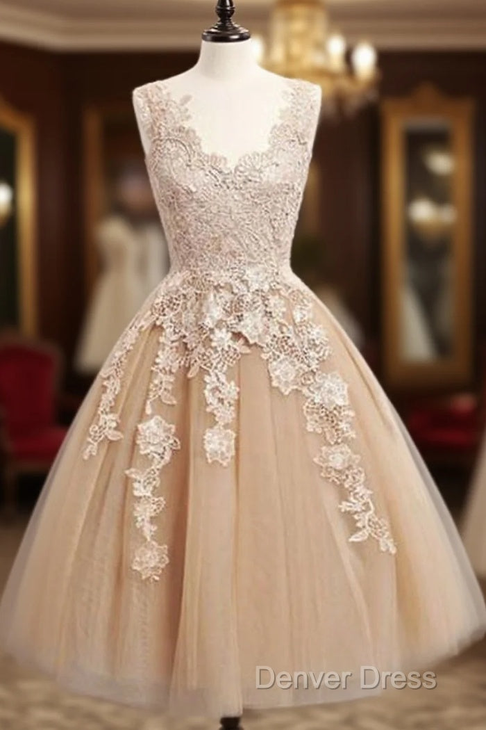 Champagne Tulle Lace Short Prom Dress, Cute Homecoming Dresses Main image