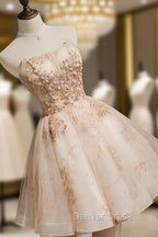 Champagne Tulle Lace Short Prom Dresses, Puffy Champagne Homecoming Dresses