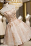 Champagne Tulle Lace Short Prom Dresses, Puffy Champagne Homecoming Dresses