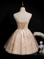 Champagne Tulle Lace Short Prom Dresses, Puffy Champagne Homecoming Dresses