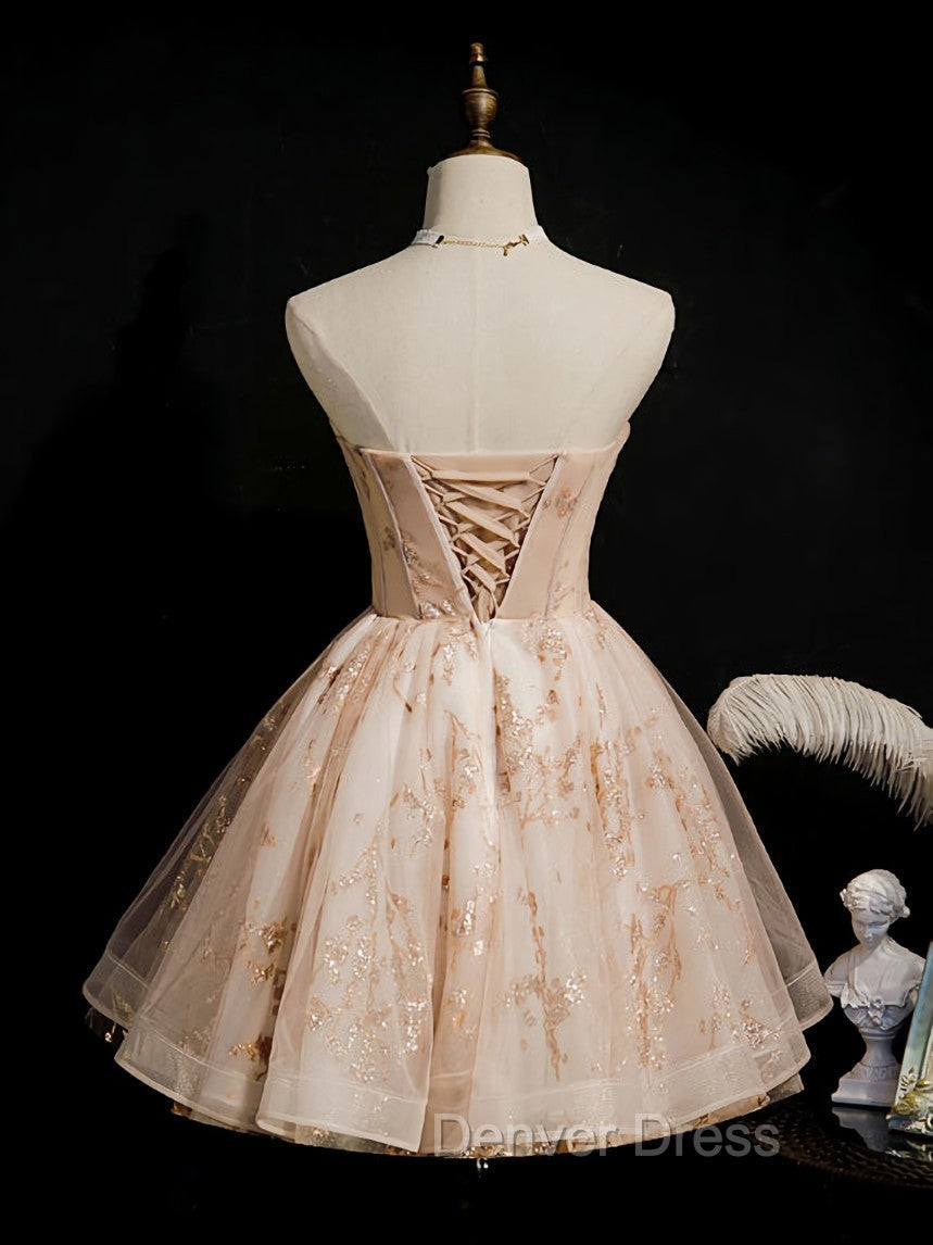 Champagne Tulle Lace Short Prom Dresses, Puffy Champagne Homecoming Dresses