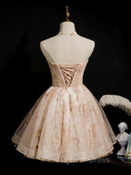 Champagne Tulle Lace Short Prom Dress, Puffy Champagne Homecoming Dresses