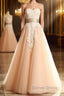 Champagne Tulle Lace Tea Pearl Prom Dress, Lace Wedding Dresses