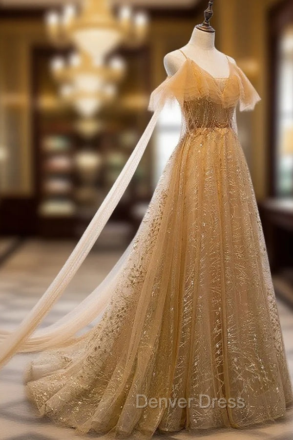 Champagne Tulle Lace V-neckline Beaded Unique Floor Length Party Dresses, New Prom Dresses Evening Dresses