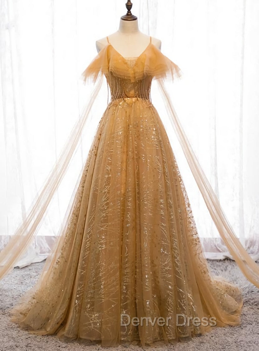 Champagne Tulle Lace V Neckline Beaded Unique Floor Length Prom Dress, New Prom Dress