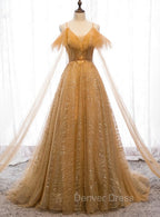 Champagne Tulle Lace V-neckline Beaded Unique Floor Length Party Dresses, New Prom Dresses Evening Dresses