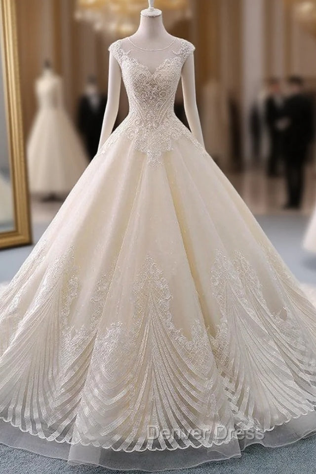 Champagne Tulle Lace With Beading Backless Wedding Dresses