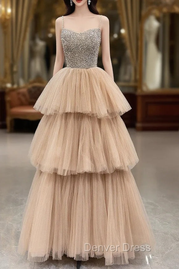 Champagne Tulle Layers Long A-Line Prom Dresses, Spaghetti Strap Beaded Evening Dresses