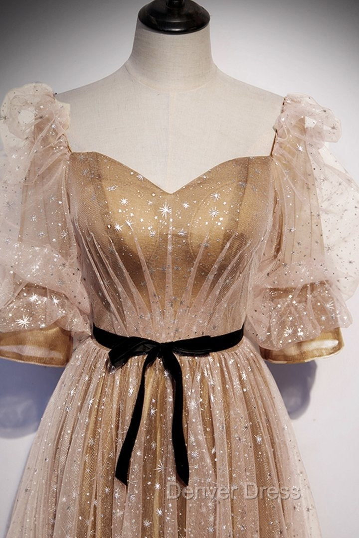 Champagne Tulle Long Party Dresses, Short Sleeves A-line Formal Dresses Evening Dresses