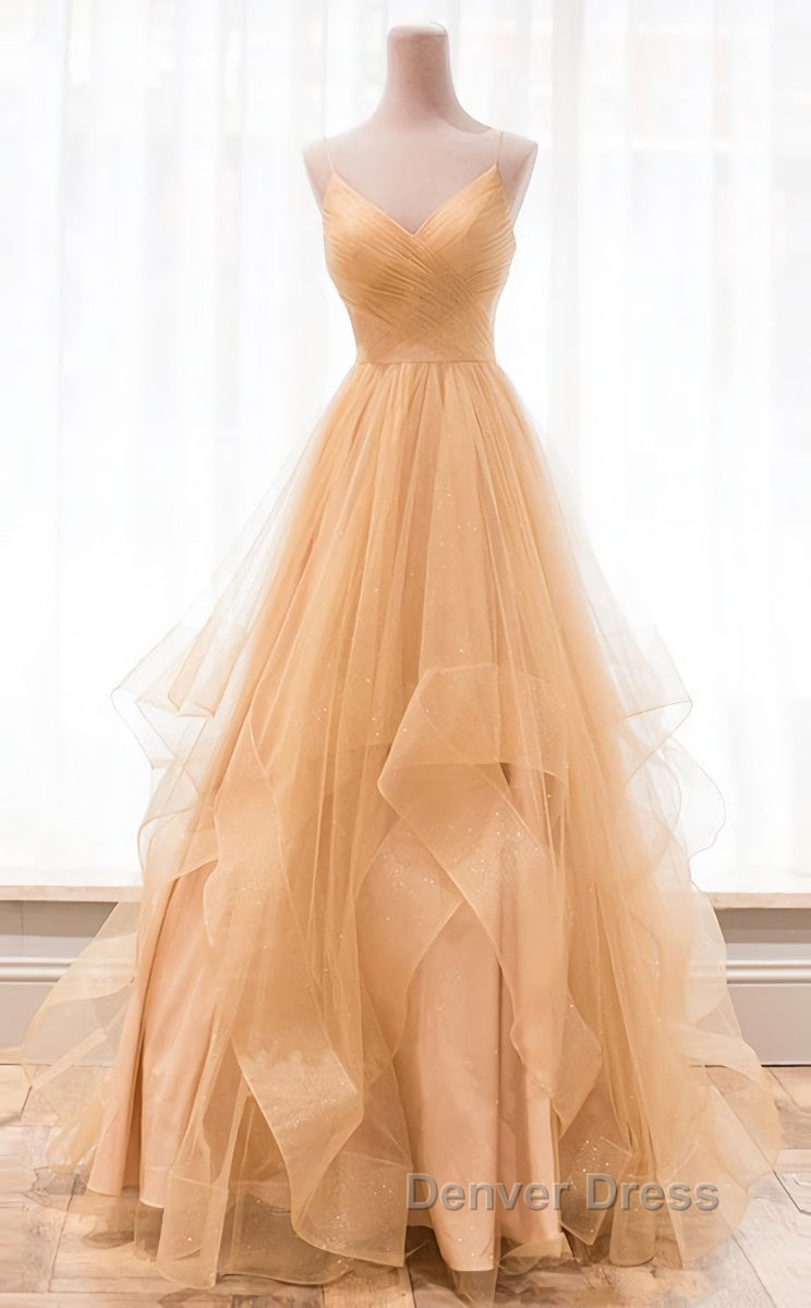 Champagne tulle long prom Dress, champagne Prom Dresses