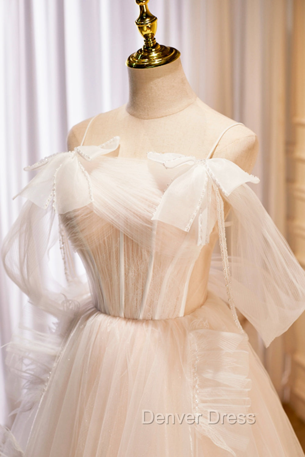 Champagne Tulle Long Prom Dresses, Spaghetti Strap Evening Dresses with Bow Secondary image