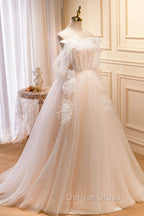 Champagne Tulle Long Prom Dresses, Spaghetti Strap Evening Dresses with Bow