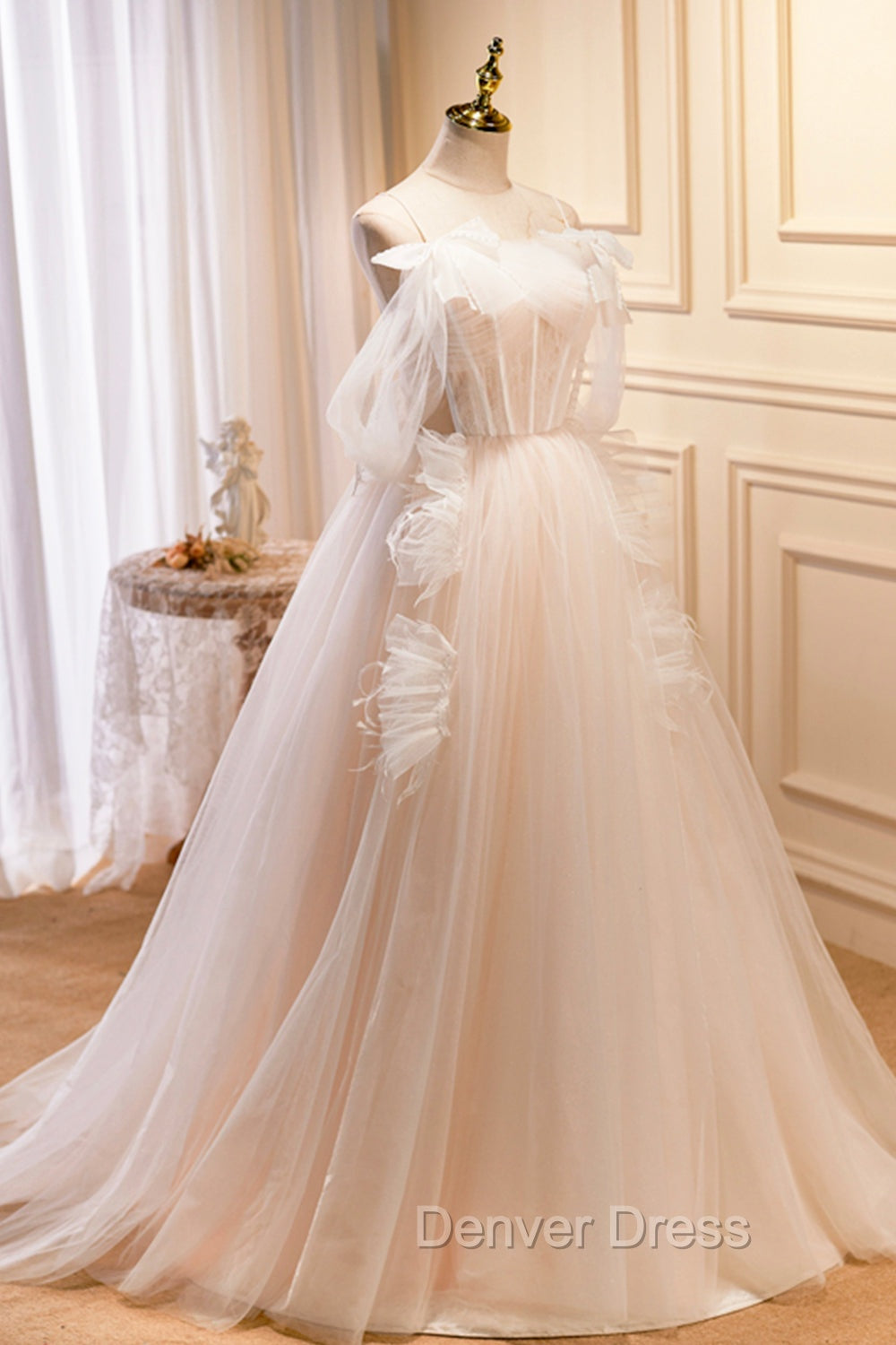 Champagne Tulle Long Prom Dresses, Spaghetti Strap Evening Dresses with Bow