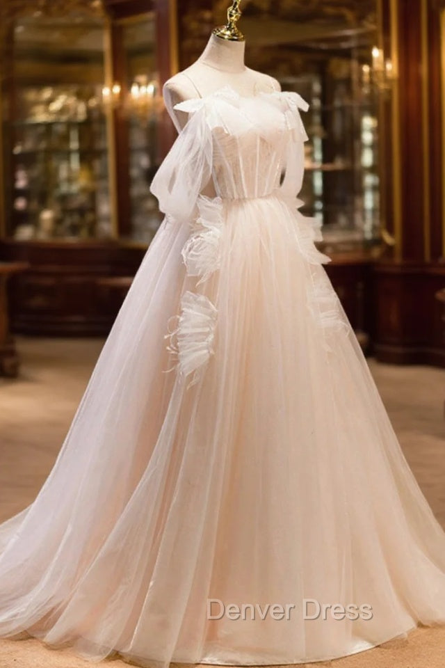 Champagne Tulle Long Prom Dresses, Spaghetti Strap Evening Dresses with Bow