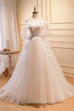 Champagne Tulle Long Prom Dresses, Spaghetti Strap Evening Dresses with Bow