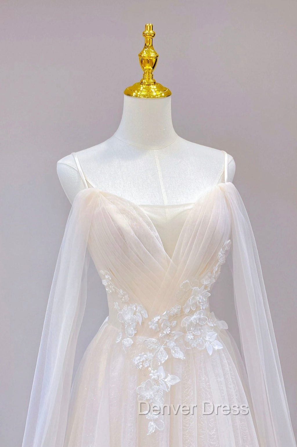 Champagne Tulle Long Prom Dress with Lace, Off the Shoulder Prom Dresses