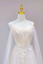 Champagne Tulle Long Prom Dress with Lace, Off the Shoulder Prom Dresses