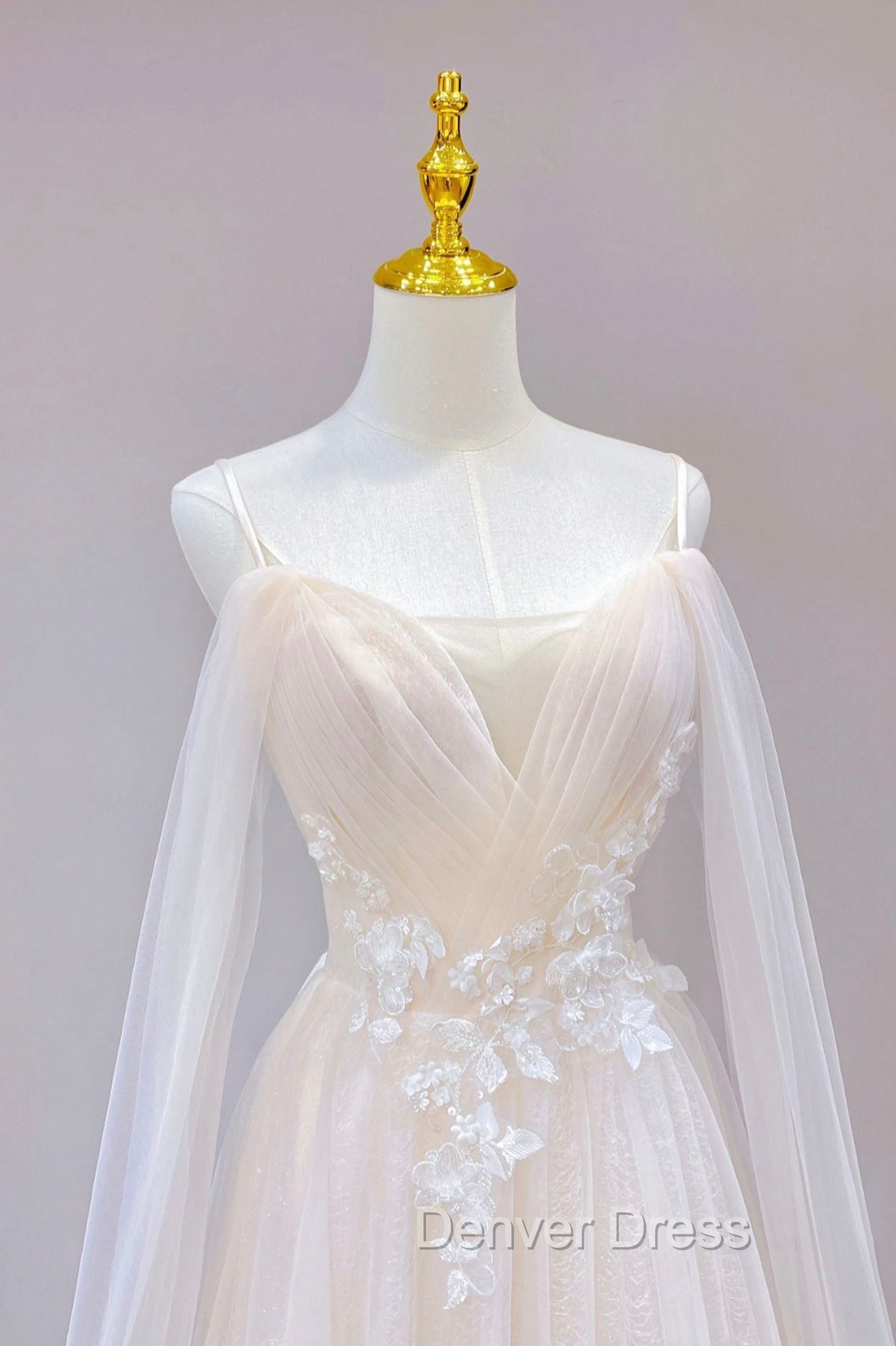 Champagne Tulle Long Prom Dress with Lace, Off the Shoulder Prom Dresses