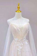 Champagne Tulle Long Prom Dresses with Lace, Off the Shoulder Evening Dresses