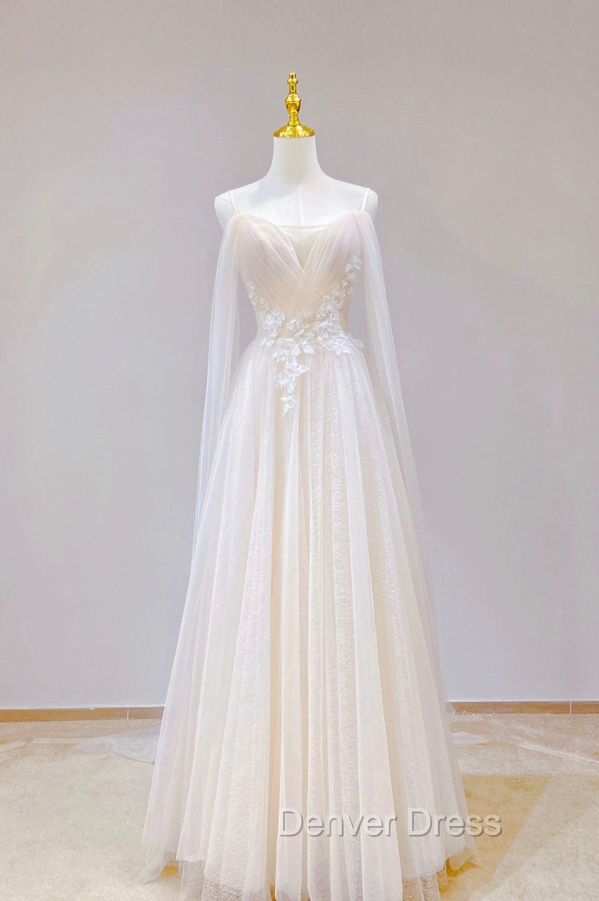 Champagne Tulle Long Prom Dress with Lace, Off the Shoulder Prom Dresses