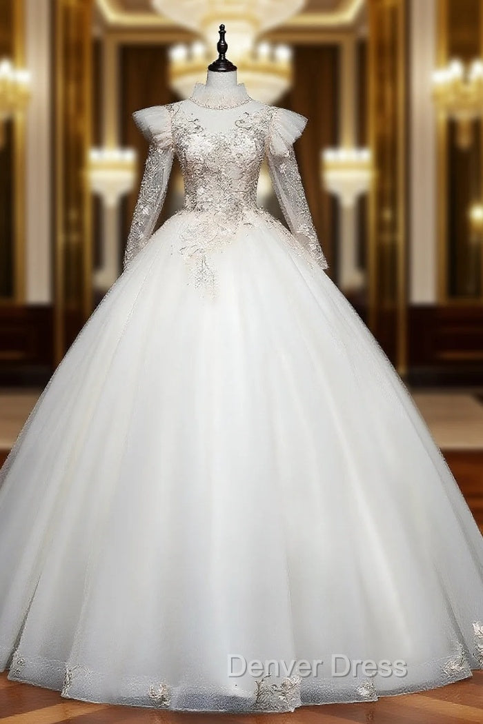 Champagne Tulle Long Sleeve Appliques Backless Quinceanera Dresses