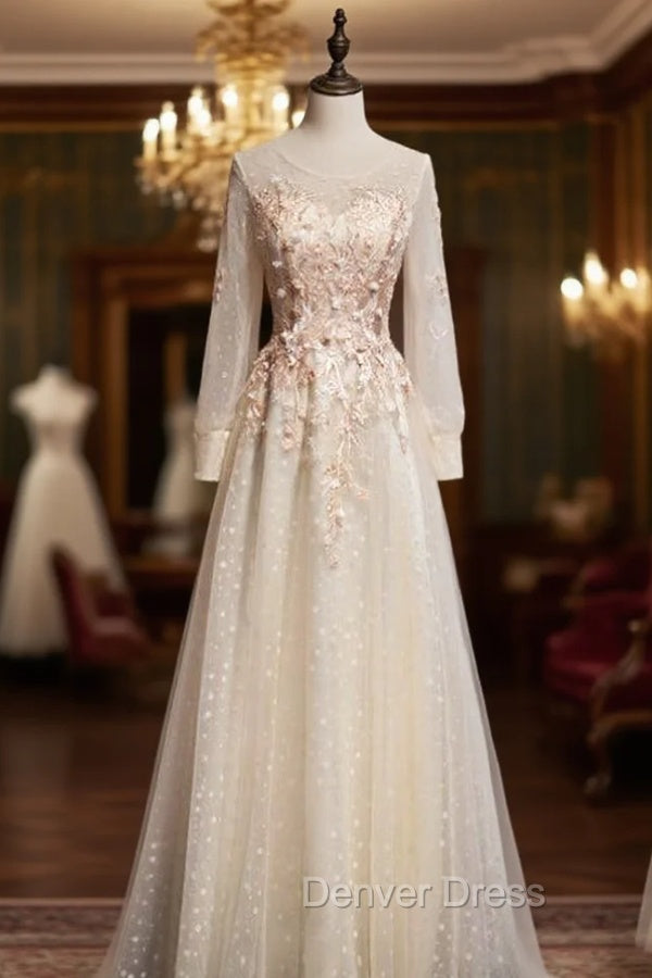 Champagne Tulle Long Sleeve Appliques Prom Dresses