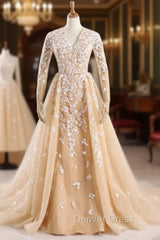 Champagne Tulle Long Sleeve Nude Color Tulle Crystal Royal Party Dresses
