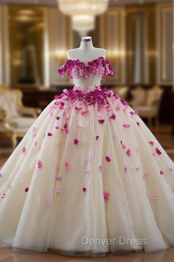 Champagne Tulle Off the Shoulder 3D Flower Beading Prom Dresses