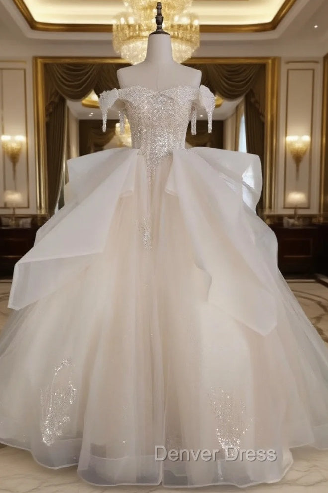 Champagne Tulle Off the Shoulder Appliques Beading Wedding Dresses Main image