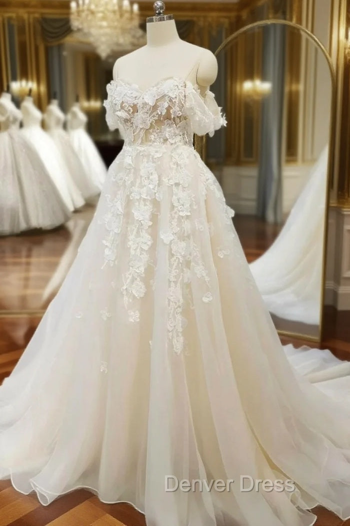 Champagne Tulle Off the Shoulder Appliques Wedding Dresses Main image