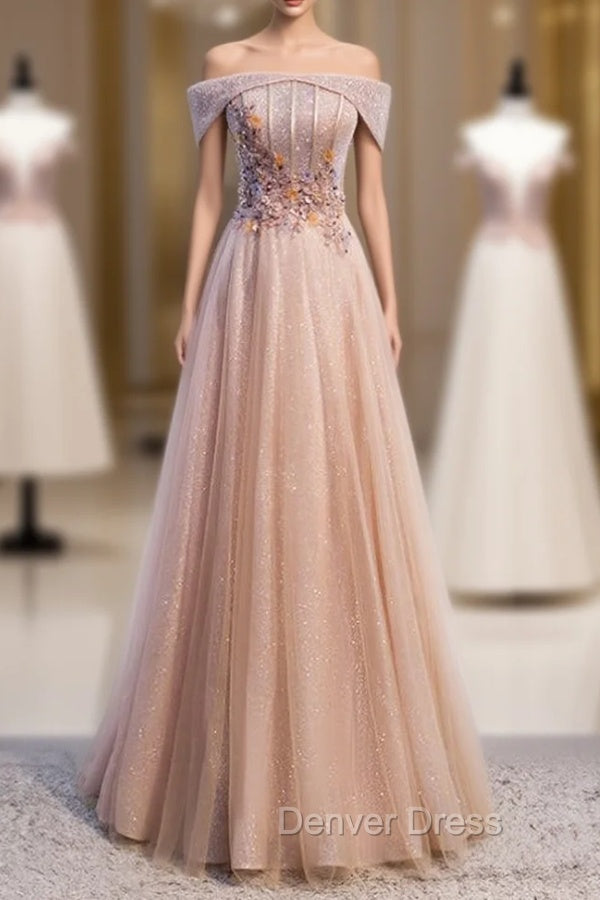 Champagne Tulle Off the Shoulder Beading Prom Dresses
