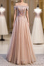 Champagne Tulle Off the Shoulder Beading Prom Dresses