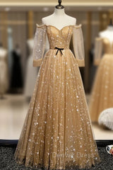 Champagne Tulle Off the Shoulder Embroidery Long Sleeve Prom Dresses