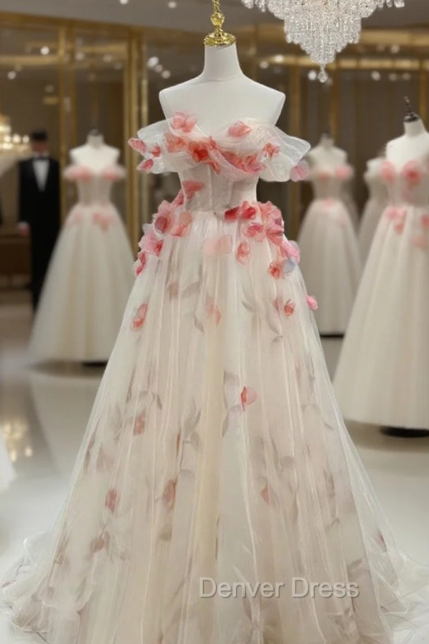 Champagne Tulle Off the Shoulder Flower Princess Prom Dres