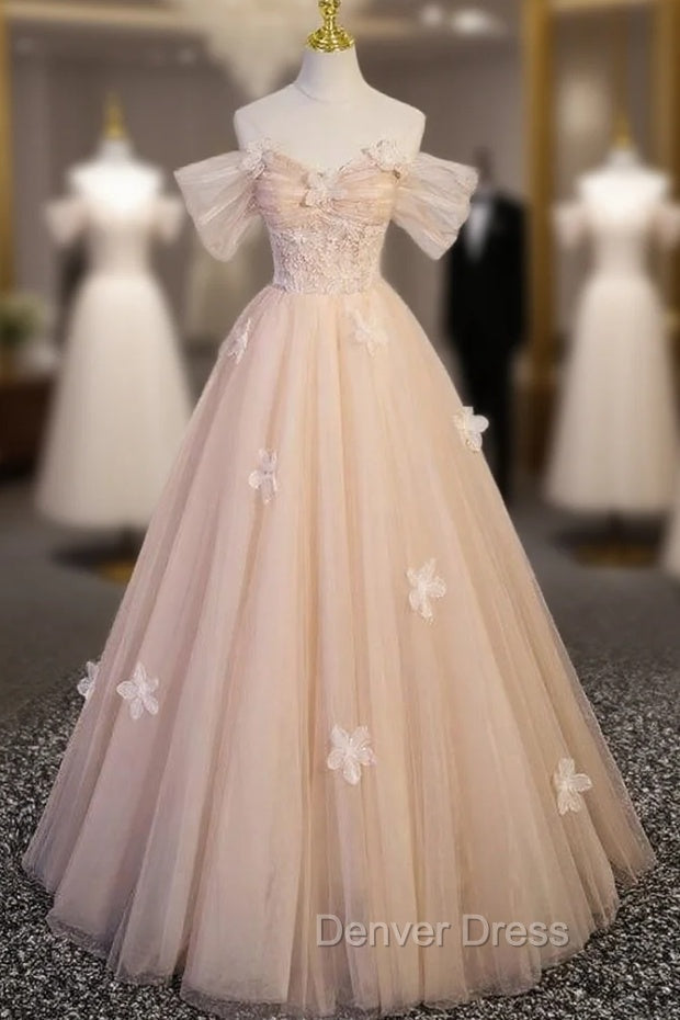 Champagne Tulle Off the Shoulder Flower Prom Dresses