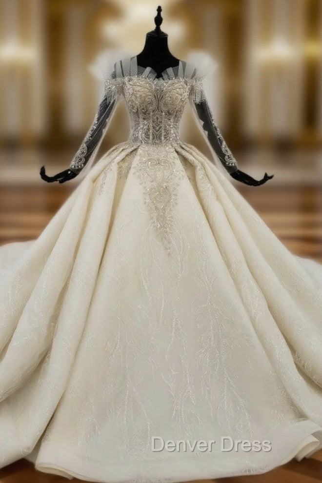 Champagne Tulle Off the Shoulder Long Sleeve Beading Wedding Dresses