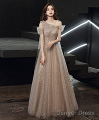 Champagne Tulle One Shoulder Long Prom Dress Tulle Evening Dress