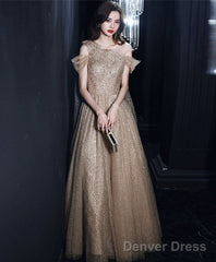 Champagne Tulle One Shoulder Long Prom Dress Tulle Evening Dress