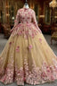 Champagne Tulle Pink 3D Appliques Long Sleeve Prom Dresses