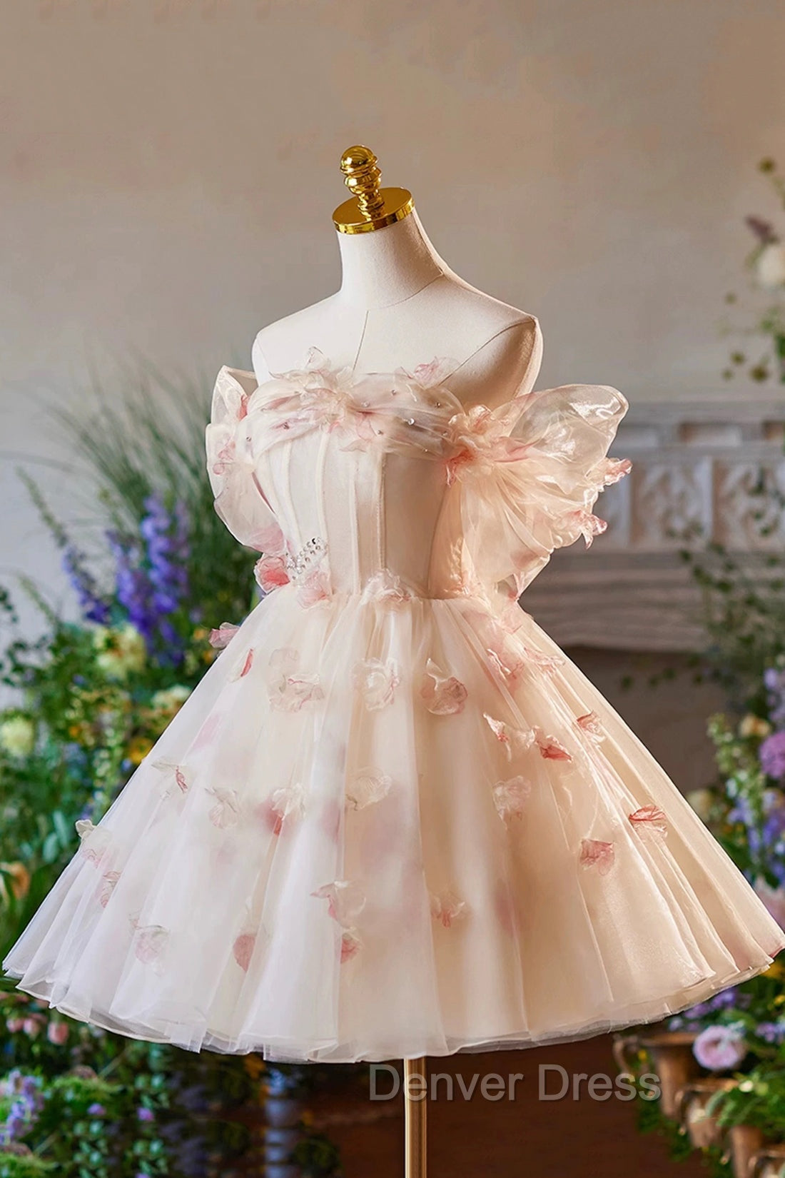Champagne Tulle Print Knee Length Prom Dress, Lovely Off the Shoulder Backless Prom Dresses