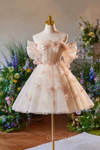 Champagne Tulle Print Knee Length Prom Dress, Lovely Off the Shoulder Backless Prom Dresses