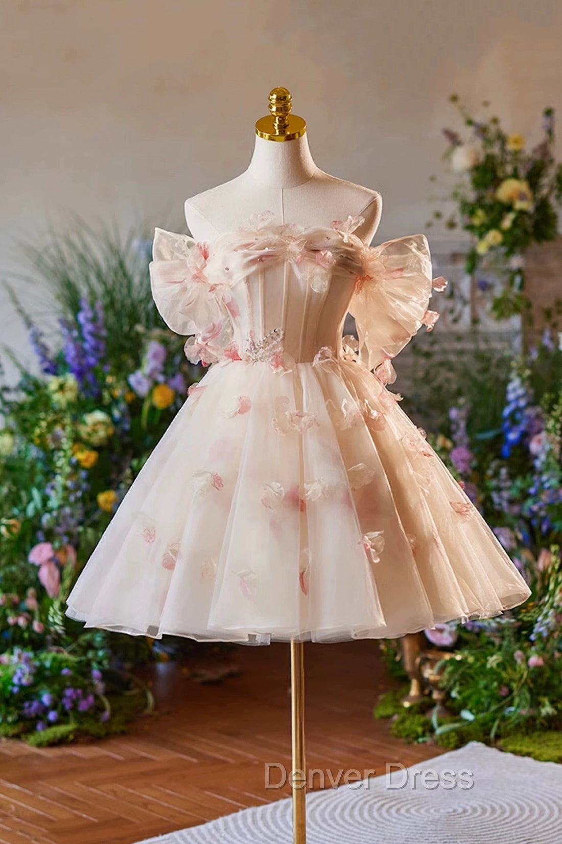 Champagne Tulle Print Knee Length Prom Dress, Lovely Off the Shoulder Backless Prom Dresses