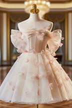 Champagne Tulle Print Knee Length Prom Dresses, Lovely Off the Shoulder Backless Party Dresses