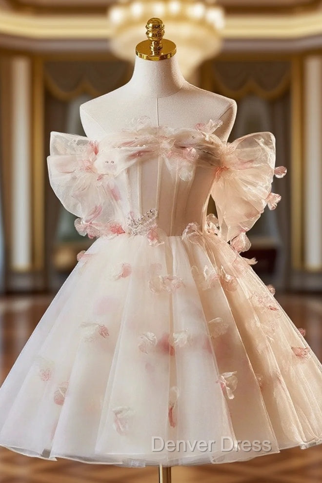 Champagne Tulle Print Knee Length Prom Dress, Lovely Off the Shoulder Backless Prom Dresses Main image