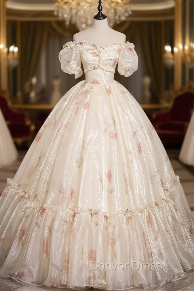 Champagne Tulle Print Off the Shoulder Beading Quinceanera Dresses