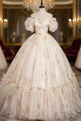 Champagne Tulle Print Off the Shoulder Beading Quinceanera Dresses