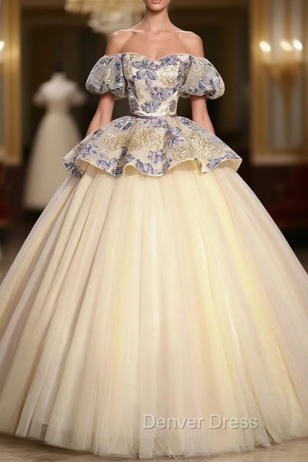 Champagne Tulle Print Quinceanera Dresses